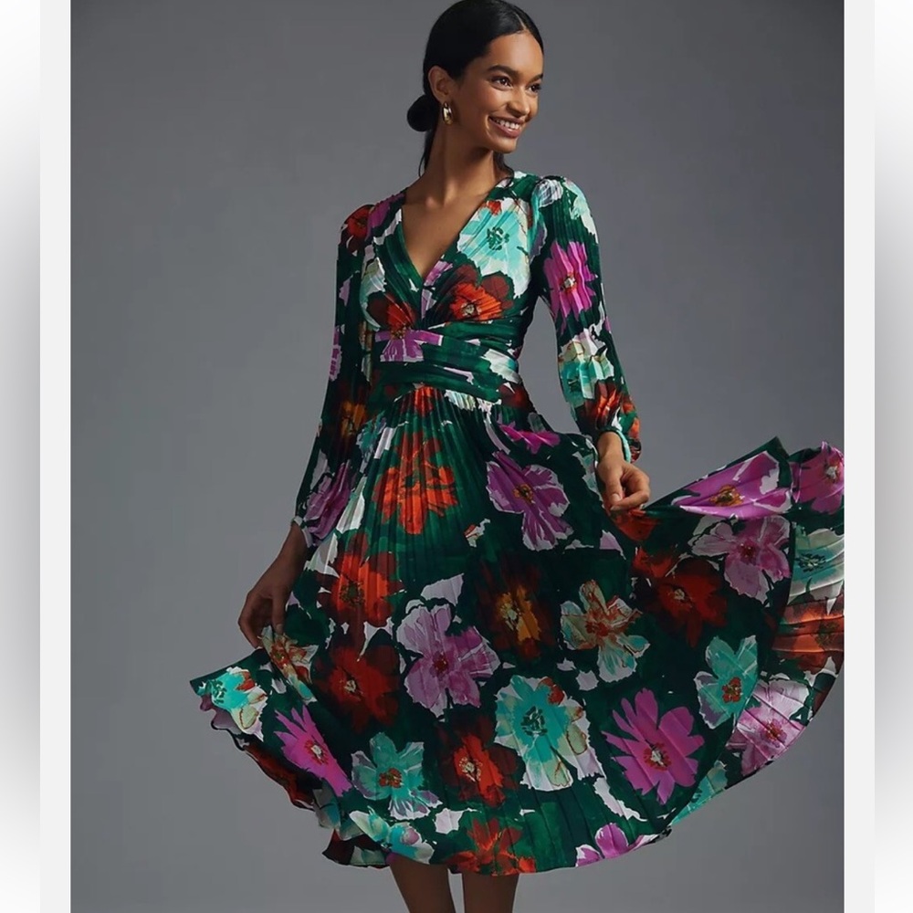 Anthropologie Green Floral Long Sleeve Dress